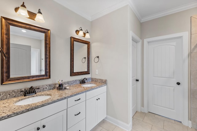 bathroom featuring tile patterned flooring, vanity, and crown molding