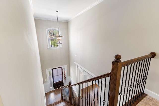 staircase with crown molding, wood-type flooring, and an inviting chandelier