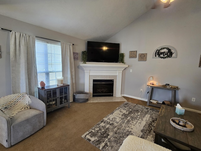 318 Elbrus Way, Grovetown, GA 30813 - living area featuring lofted ceiling, a tile fireplace, and carpet