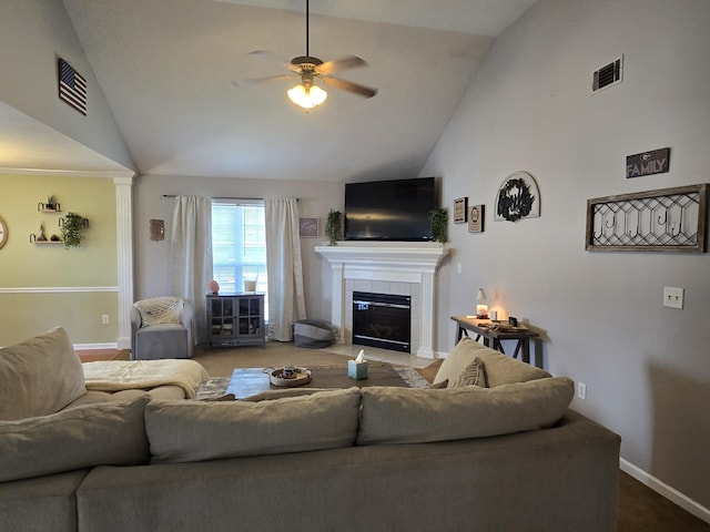 318 Elbrus Way, Grovetown, GA 30813 - living area with ceiling fan, a tile fireplace, high vaulted ceiling, and carpet flooring