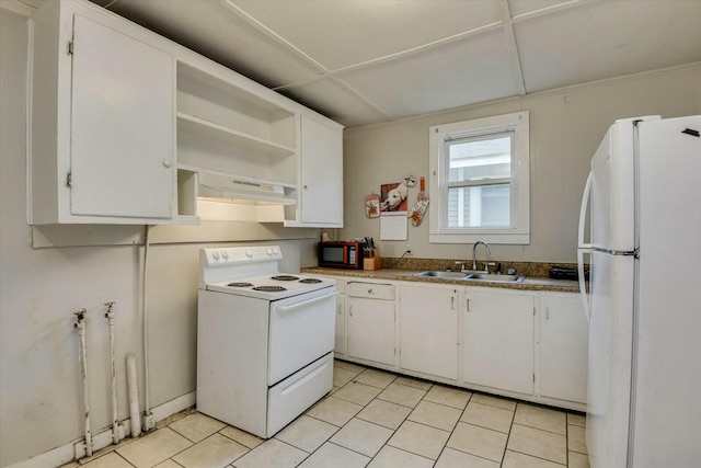 kitchen with white cabinets, white appliances, and sink