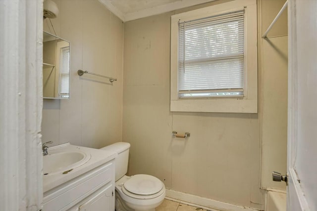 full bathroom with tile patterned floors, vanity,  shower combination, and toilet