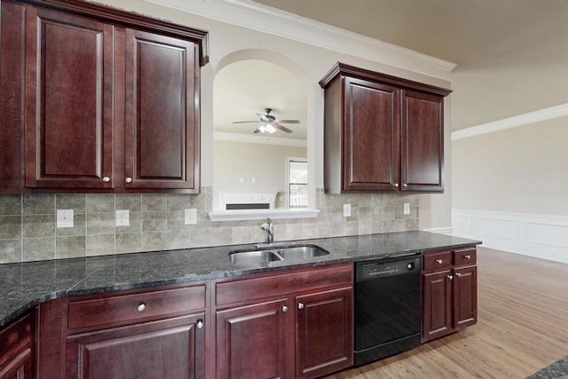 1217 Berkley Hills Pass, Evans, GA 30809 - kitchen featuring black dishwasher, a sink, ornamental molding, ceiling fan, and light wood finished floors