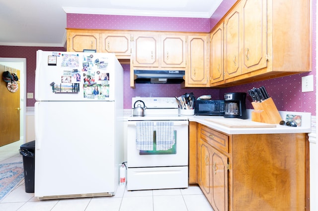 kitchen with extractor fan, crown molding, light tile patterned flooring, and white appliances