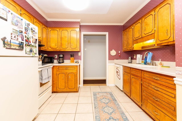 kitchen featuring sink, ornamental molding, exhaust hood, light tile patterned floors, and white appliances