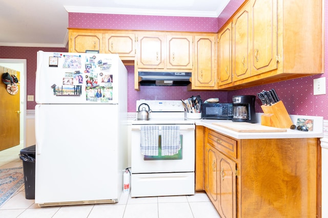 kitchen with light tile patterned floors, white appliances, ornamental molding, and exhaust hood