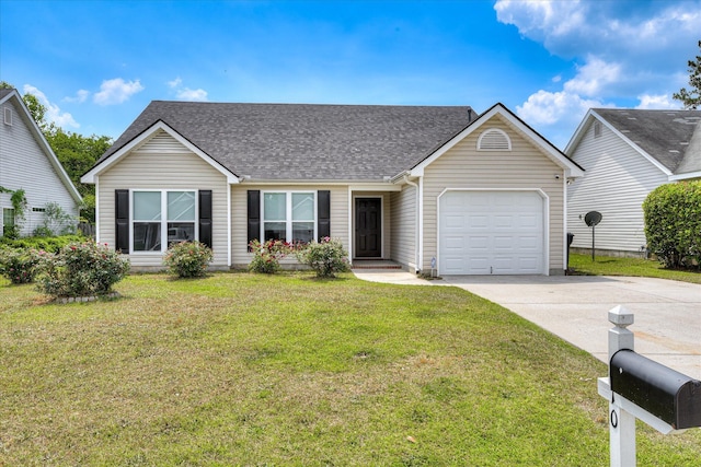 ranch-style home featuring roof with shingles, an attached garage, driveway, and a front lawn