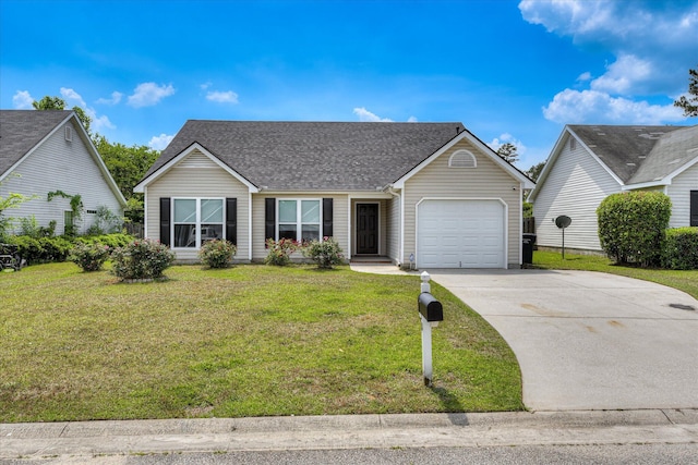 ranch-style house featuring a shingled roof, an attached garage, concrete driveway, and a front lawn