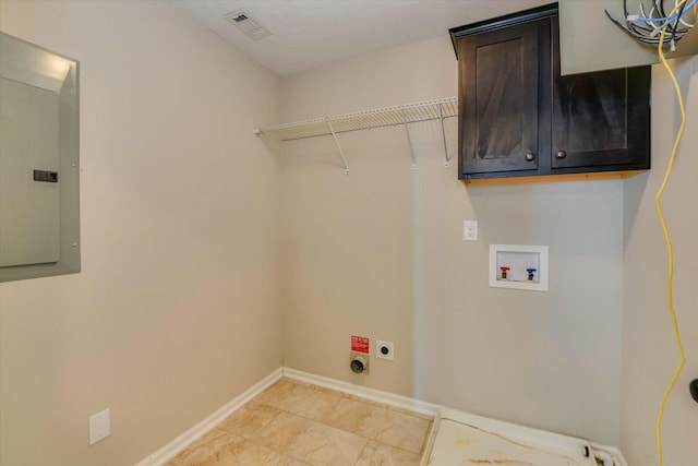 laundry room featuring cabinet space, electric panel, visible vents, hookup for an electric dryer, and washer hookup