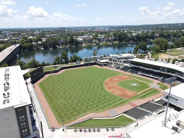 birds eye view of property featuring a water view