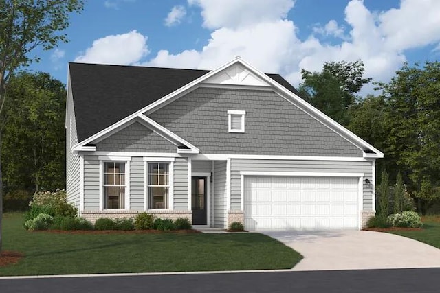 view of front of home featuring concrete driveway, a garage, brick siding, and a front lawn