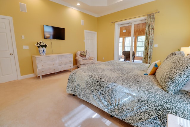 148 Grandview Dr, Mccormick, SC 29835 - bedroom with carpet, visible vents, crown molding, baseboards, and access to outside