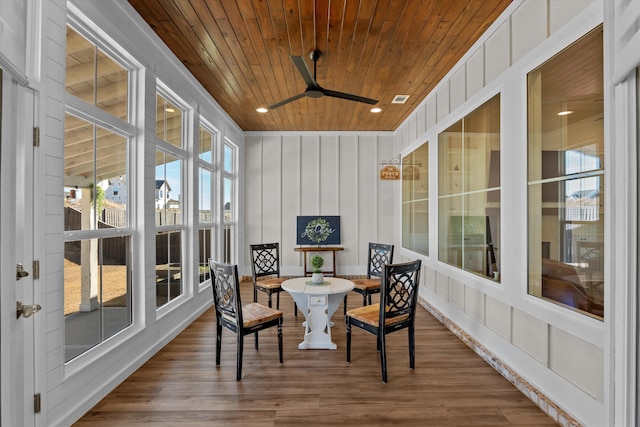 sunroom / solarium featuring wood ceiling, visible vents, and ceiling fan