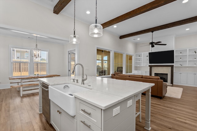 kitchen with dishwasher, a fireplace, light wood-style floors, and a sink