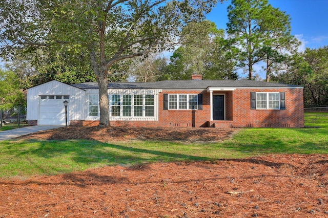 single story home with a garage and a front lawn