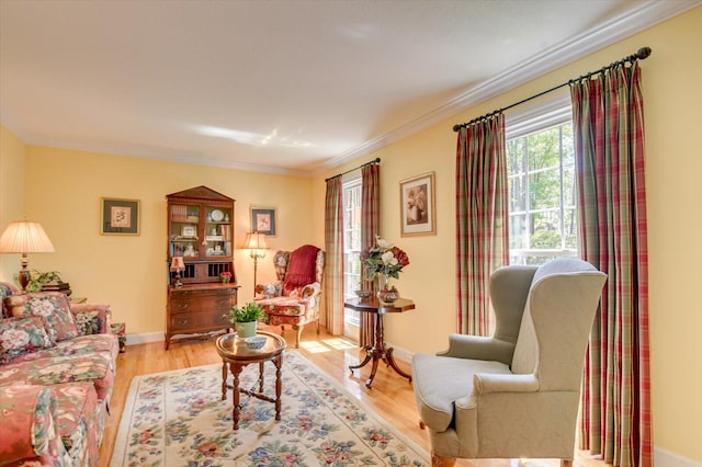 living area featuring wood finished floors, crown molding, and baseboards