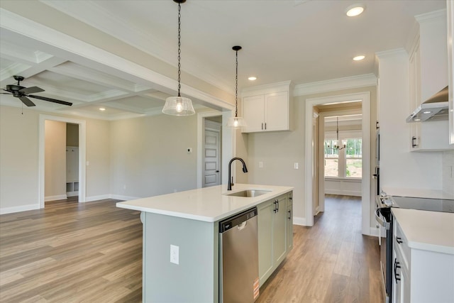 kitchen featuring appliances with stainless steel finishes, a sink, light wood finished floors, open floor plan, and baseboards
