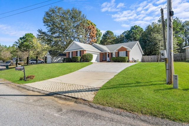 ranch-style house featuring a garage and a front lawn