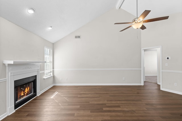 unfurnished living room featuring ceiling fan, high vaulted ceiling, beam ceiling, and dark hardwood / wood-style flooring