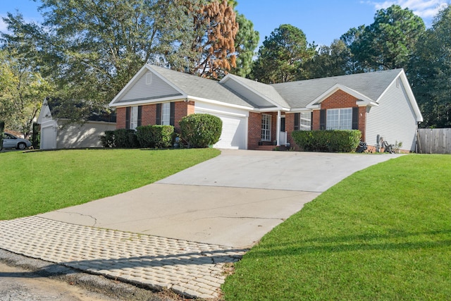 ranch-style house with a front yard and a garage