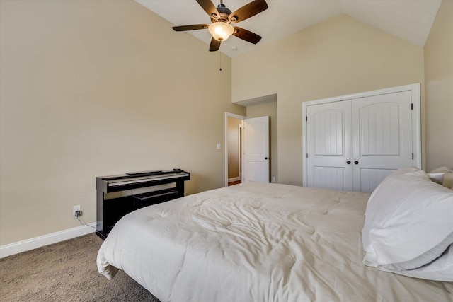 5558 Connor Dr, Evans, GA 30809 - bedroom featuring high vaulted ceiling, carpet, a closet, and a ceiling fan