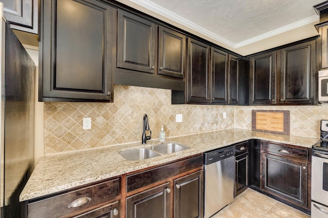 5558 Connor Dr, Evans, GA 30809 - kitchen featuring appliances with stainless steel finishes, light stone counters, ornamental molding, decorative backsplash, and dark brown cabinets