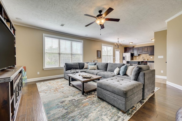 5558 Connor Dr, Evans, GA 30809 - living area with ceiling fan, a chandelier, ornamental molding, a textured ceiling, and hardwood / wood-style floors