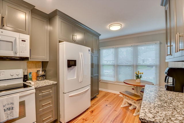 315 Coastal Cv, Mccormick, SC 29835 - kitchen with white appliances, ornamental molding, light wood-type flooring, and gray cabinetry