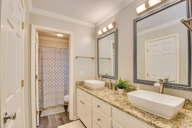 315 Coastal Cv, Mccormick, SC 29835 - full bath featuring toilet, double vanity, wood finished floors, ornamental molding, and a shower with shower curtain