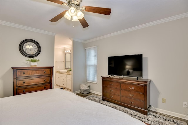 315 Coastal Cv, Mccormick, SC 29835 - bedroom with ornamental molding, baseboards, wood finished floors, ceiling fan, and ensuite bathroom