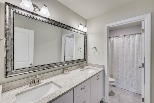 bathroom featuring a shower with curtain, tile patterned floors, toilet, and vanity