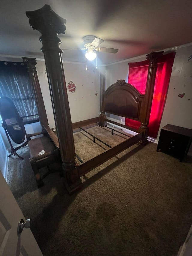 bedroom with crown molding, carpet flooring, and ceiling fan