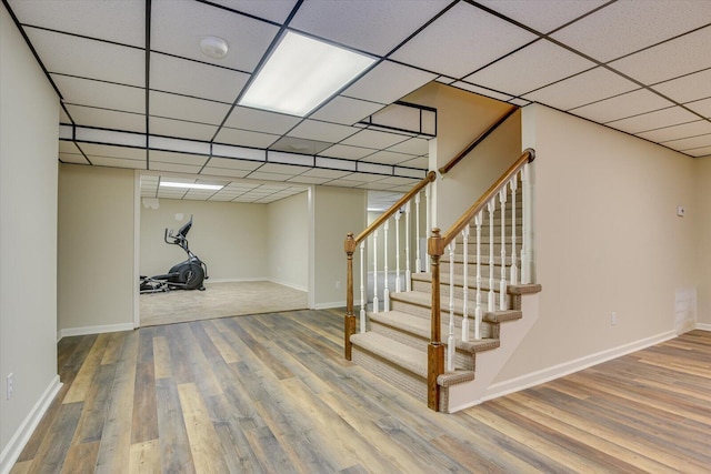 basement with a paneled ceiling and hardwood / wood-style flooring