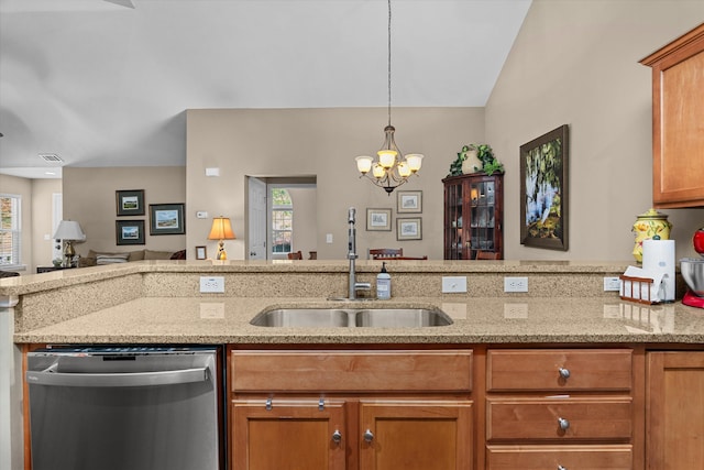 1223 Brookstone Way, Augusta, GA 30909 - kitchen featuring stainless steel dishwasher, a sink, a chandelier, healthy amount of natural light, and lofted ceiling
