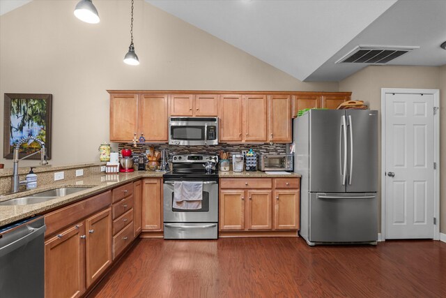 1223 Brookstone Way, Augusta, GA 30909 - kitchen with stainless steel appliances, a sink, tasteful backsplash, light stone counters, and high vaulted ceiling