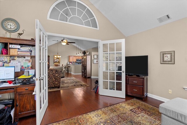 1223 Brookstone Way, Augusta, GA 30909 - living room with french doors, a desk, dark wood-style floors, high vaulted ceiling, and baseboards