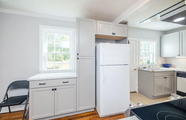 2217 Montclair St, Augusta, GA 30904 - kitchen with white appliances, ornamental molding, light countertops, white cabinetry, and light wood-style flooring
