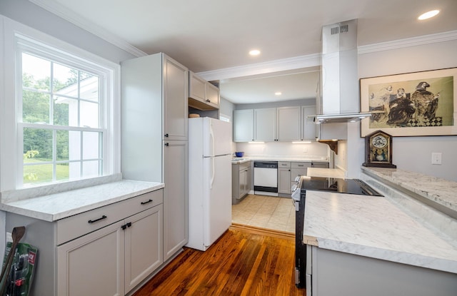 2217 Montclair St, Augusta, GA 30904 - kitchen featuring white appliances, wall chimney range hood, ornamental molding, wood finished floors, and gray cabinetry