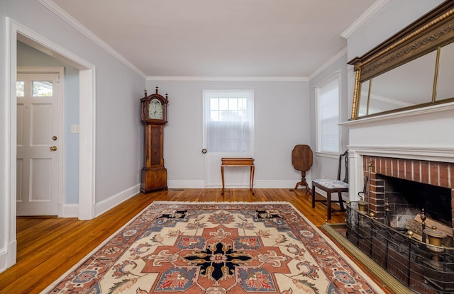 2217 Montclair St, Augusta, GA 30904 - sitting room with wood finished floors, a brick fireplace, and ornamental molding