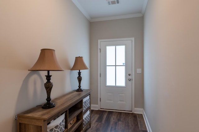 entryway featuring baseboards, visible vents, ornamental molding, and dark wood-style flooring