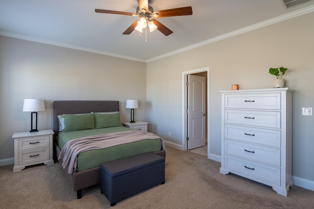 bedroom featuring light carpet, ornamental molding, visible vents, and baseboards