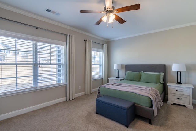 bedroom with light carpet, visible vents, and ornamental molding