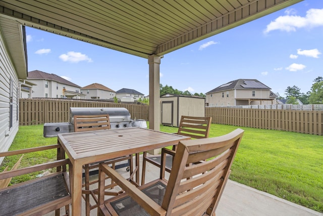 5315 Bull St, Augusta, GA 30909 - fenced backyard featuring outdoor dining space, a storage shed, a residential view, a grill, and a patio