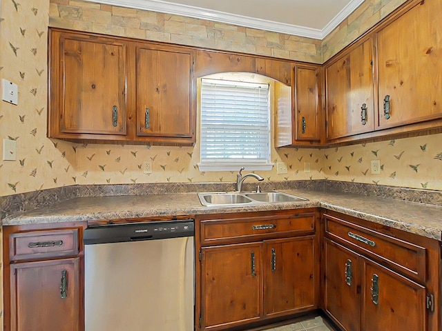 4373 Quail Creek Rd, Martinez, GA 30907 - kitchen with stainless steel dishwasher, ornamental molding, wallpapered walls, dark countertops, and brown cabinetry