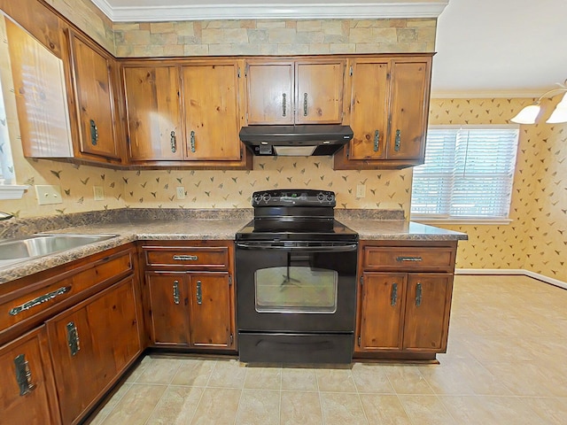 4373 Quail Creek Rd, Martinez, GA 30907 - kitchen featuring black / electric stove, under cabinet range hood, brown cabinets, and crown molding