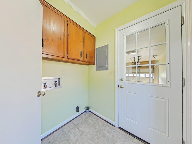 4373 Quail Creek Rd, Martinez, GA 30907 - washroom featuring cabinet space, washer hookup, electric panel, light tile patterned flooring, and ornamental molding