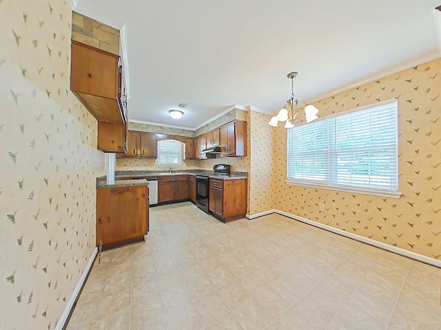 4373 Quail Creek Rd, Martinez, GA 30907 - kitchen featuring black electric range, a chandelier, brown cabinets, wallpapered walls, and ornamental molding