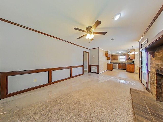4373 Quail Creek Rd, Martinez, GA 30907 - unfurnished living room featuring ornamental molding, a brick fireplace, light carpet, and ceiling fan