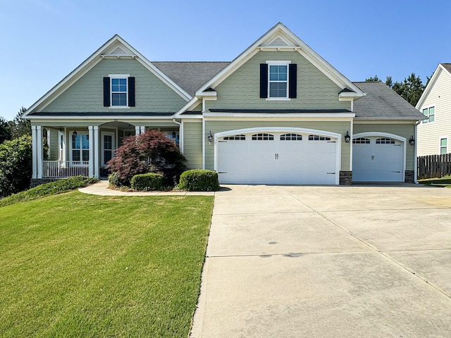 craftsman-style home featuring fence, covered porch, a front yard, an attached garage, and driveway