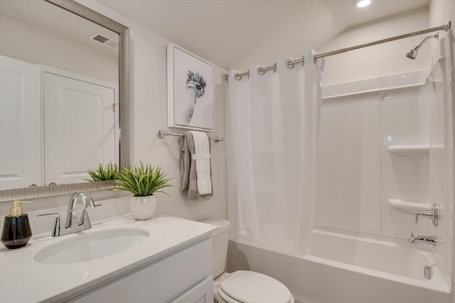 full bathroom with vanity, toilet, and shower / bath combo with shower curtain